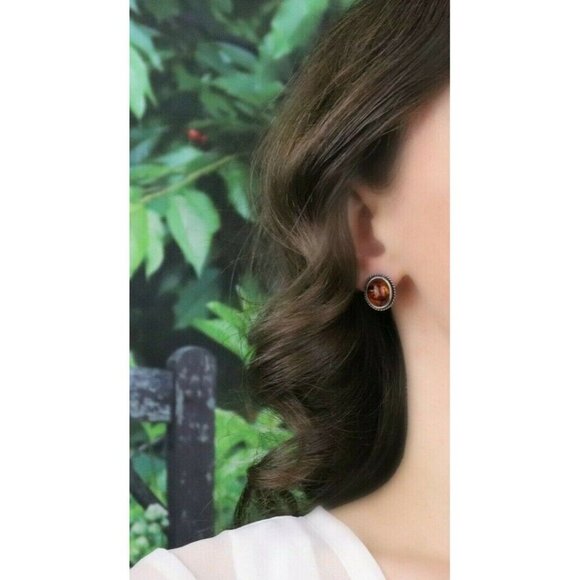 Sterling Silver Amber Stud Post Earrings - Picture 3 of 6